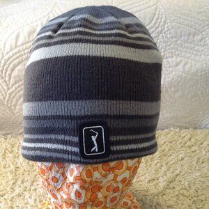NWOT PGA Tour Golf Knit Beanie; OS, striped Grey, Hole-in-One; Fall and Winter